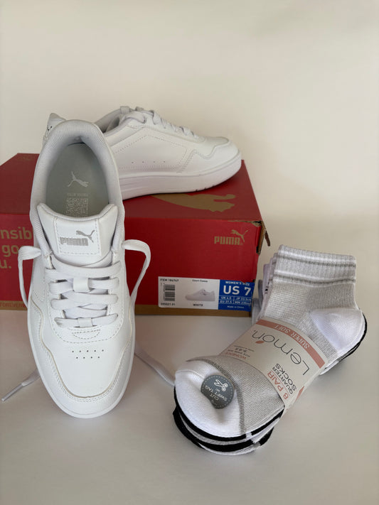 PUMA Court Classy Women’s Sneakers US7 – White + 8 Pairs of Socks