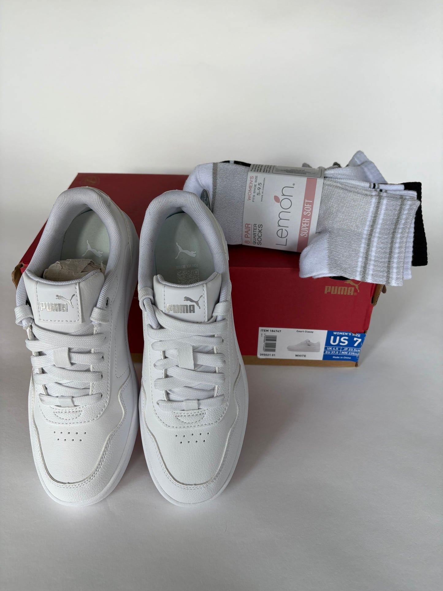 PUMA Court Classy Women’s Sneakers US7 – White + 8 Pairs of Socks